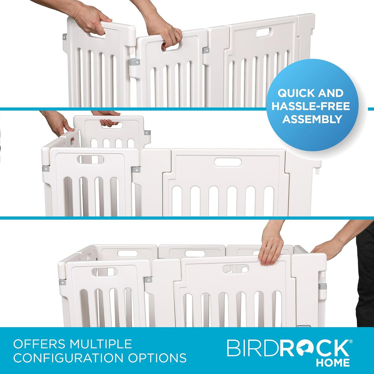 BIRDROCK HOME Dog Playpen w/Door, 8 Panel, 25.6in H | Strong Plastic, Non-Slip Puppy Playpen, Secure Pet Gate | Indoor Outdoor Fence | Configurable Panels | Small Pets - White