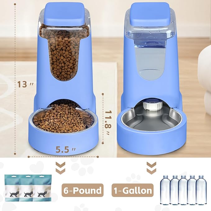 HWONMTE Portable Automatic Cat Feeder and Water Dispenser with Stainless Steel Bowl Dog Gravity Food Feeder and Waterer for Small Medium Pets Puppy Kitten 1 Gallon x 2 (Sapphire Blue)