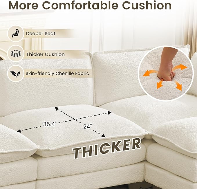 ROWHY Oversized Modular Sectional Couch with Movable Ottoman, 112" Modern Convertible L Shaped Sofa Set, 4 Seat Comfy Cloud Couch with 2 Throw Pillows, for Living Room and Office, Chenille, Beige