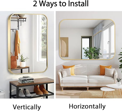 24x32 Inch Gold Bathroom Mirror, Brushed Gold Metal Framed Rectangular Mirror