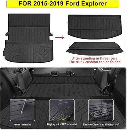Floor Mats for 2015 2016 2017 2018 2019 Ford Explorer & Large Cargo Liner,TPE All Weather Protection Car Floor Liners with Foldable Big Trunk Mat Accessories