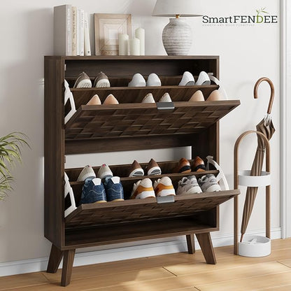 29.5“W Shoe Cabinet with 2 Embossed Checkerboard Pattern Flip Drawers,