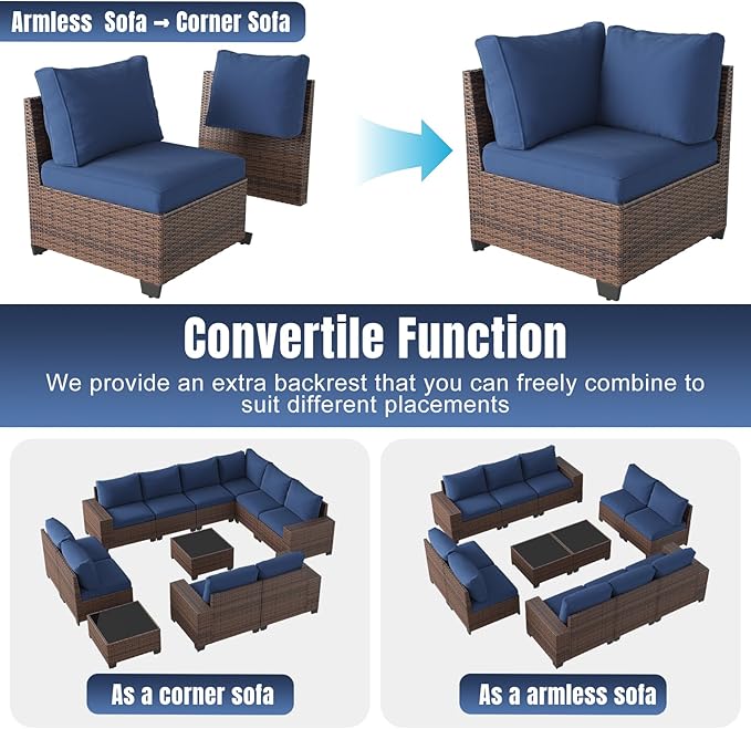 Aoxun 12 Pieces Patio Furniture Set Wicker Rattan Outdoor Sectional Conversation Set with Coffee Table and 4” Thickened Cushions, Blue (Waterproof Cover Included)