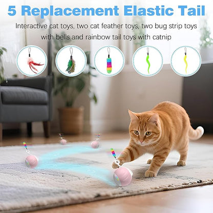 Cat Toys Interactive for Indoor Cats, Touch & Sound Smart Control - Fast Slow 2 Speed Motion Activated Cat Ball Toy for Bored Cats with LED Lights, Feathers Tail, USB Charging Cable, 6in1
