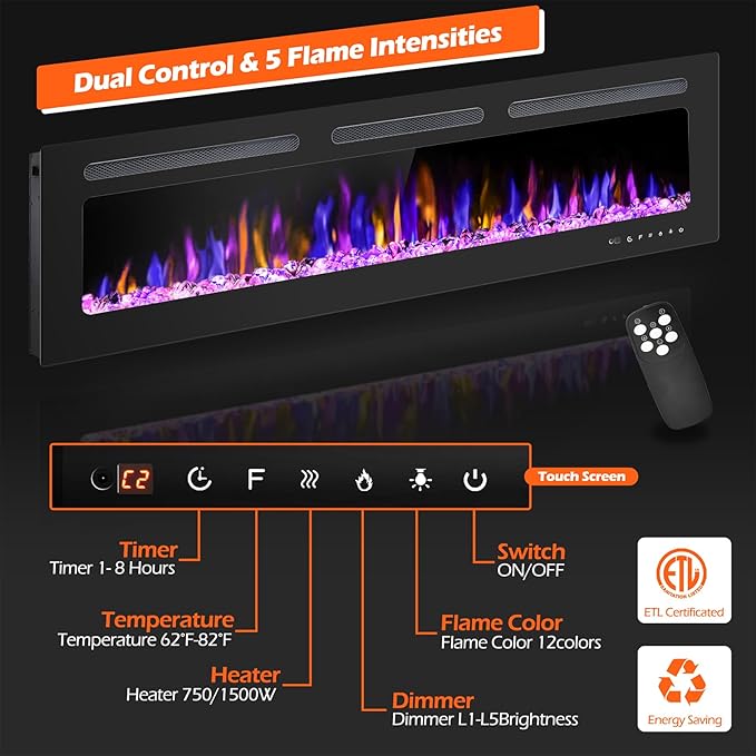 68" Electric Fireplace Wall Mounted and Recessed