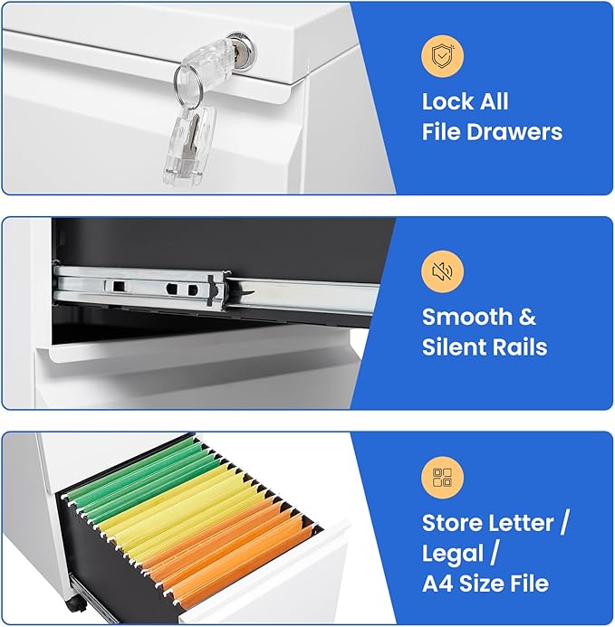 MIIIKO 2 Drawer File Cabinet on Wheels, Home Office Mobile File Drawers Under