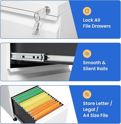 MIIIKO 2 Drawer File Cabinet on Wheels, Home Office Mobile File Drawers Under
