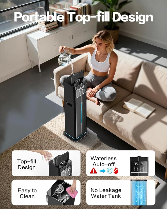 Cool Mist Humidifiers for Large Room, Ultrasonic 2.4Gal 9L Quiet Top-Fill