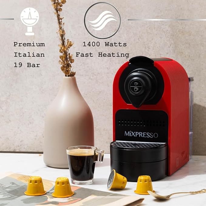Mixpresso Red Espresso Coffee Machine – Compact 1400W Single Serve Coffee Maker