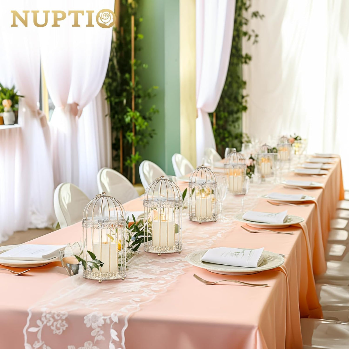 NUPTIO Decorative Bird Cage Lantern: 2 Set of 10 inch Tall Rustic White Birdcage Lanterns Centerpiece Vintage Decorating Metal Pillar Candle Holder for Christmas Bridal Shower Party Decor