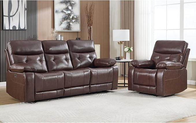 CANMOV Genuine Leather Power Recliner Sofa Set,Power Recliner Chair and Sofa Set, 2 Pieces Leather Couch with Storage Console, USB Ports, Cup Holders for Living Room,Dark Brown