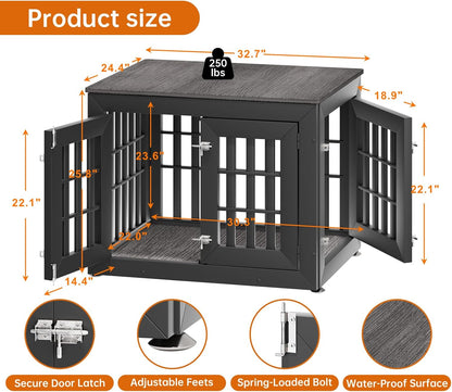 32" Heavy Duty Dog Crate Furniture for Small,Medium and Large Dogs,Rustic Wooden Dog Cage Kennel Indoor Furniture with Waterproof Top,Decorative Pet House Side End Table (Black & Grey)