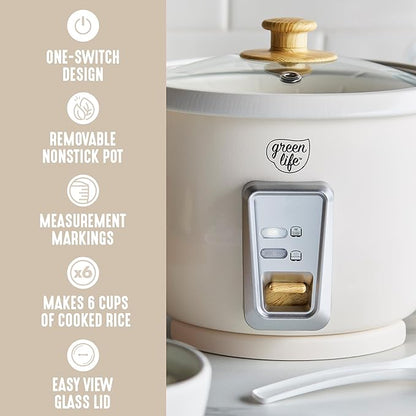 GreenLife Rice Cooker with Removable PFAS-Free Ceramic Nonstick Pot, 3-Cups