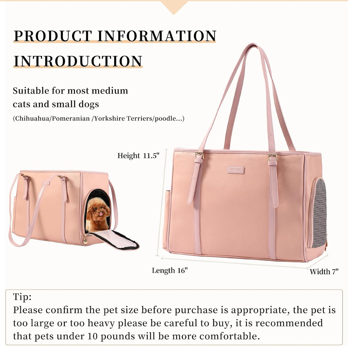 Fashion Dog Purse Pet Carrier Leather Bag for Small Dogs Cats Puppy, Portable Tote Bag Airline Approved Soft-Sided Carriers (Pink)