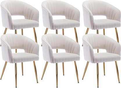 KCC Modern Accent Dining Chairs, Set of 6, Velvet Dining Chairs with Tufted Hollow Back & Gold Metal Legs for Living Room, Dining or Restaurant - Cream