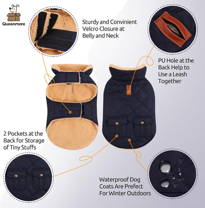 Queenmore Warm Puffer Dog Coat, Quilting Winter Jacket Ultra Thick Plush Lining with Storage Pockets (Dark Navy, X-Large)