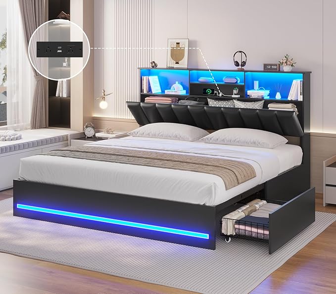AOGLLATI King Size Bed Frame with 4 Storage Drawers, Black King Bed Frame Wood with Charging Station (Type-C and USB), Led Light and Hidden Bookcase Headboard, Black