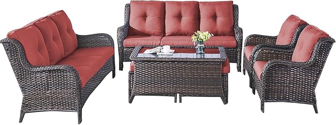 Rilyson Wicker Patio Furniture Sofa Set - 7 Piece Rattan Outdoor Patio Sectional Conversation Sets with 2 Sofa,2 Armrest Chairs,1 Coffee Table and 2 Ottomans for Porch Deck Garden(Brown/Red)