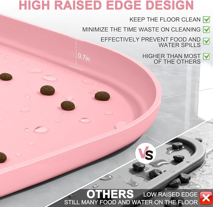 SMILOOL Waterproof Silicone Pet Food Mat with Raised Edge for Dog & Cat | 19" x 12" Non-Slip Pet Feeding Mats with Lip for Food & Water Bowl, Food Grade, Easy Cleaning, Sakura Pink