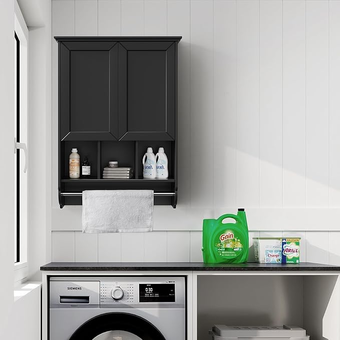Bathroom Wall Cabinet with Towel Bar, Wooden Medicine Cabinet Adjustable Shelves