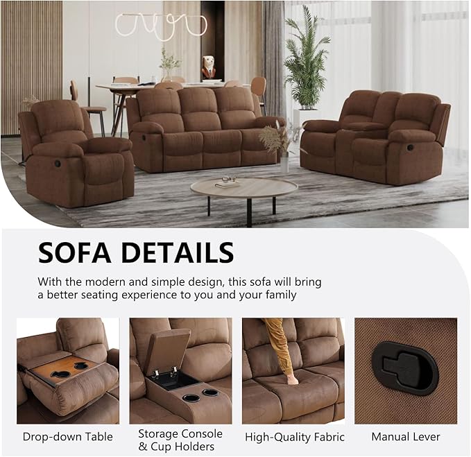 Manual Recliner Sofa Set,Microfiber Reclining Couch Set,Modern Living Room Furniture Set,Reclining Sofa Couch Chair for Living Room Home Office(Brown,3 Pieces Set)
