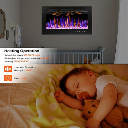 30" Electric Fireplace Wall Mounted and Recessed