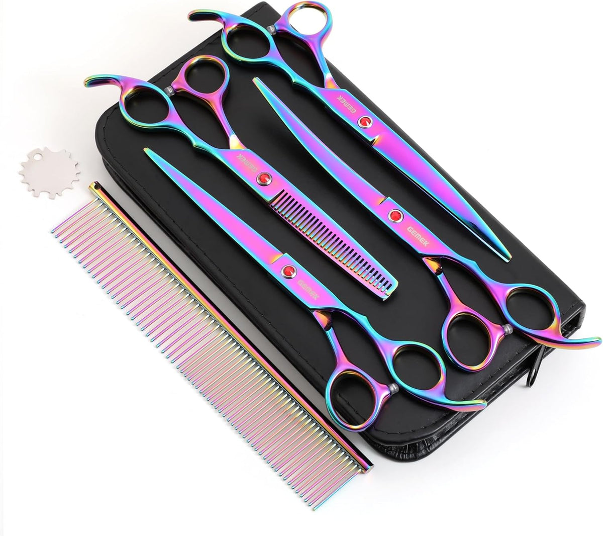 7.0in Titanium Professional Pet Grooming Scissors Set, GEMEK 6 in 1 Straight & Thinning & Upwards Curved & Downwards Curved Scissors & Comb for Dogs, Cats (Rainbow)