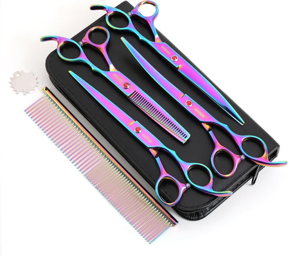 7.0in Titanium Professional Pet Grooming Scissors Set, GEMEK 6 in 1 Straight & Thinning & Upwards Curved & Downwards Curved Scissors & Comb for Dogs, Cats (Rainbow)