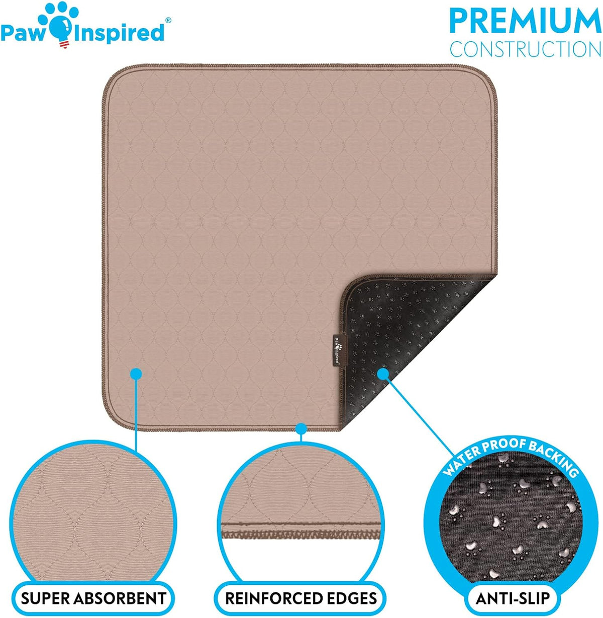Paw Inspired Washable Pee Pads for Dogs (2 Pack), Leakproof, Non-Slip Reusable Puppy Pads for Potty Training, Whelping, Waterproof Mat (32x30 Inch, Pack of 2)