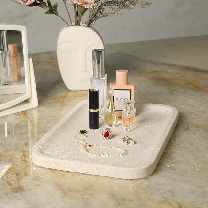 Koville Marble Vanity Tray, 12"x8" Marble Catchall Tray for Countertop Bathroom Kitchen Dresser, Rectangular Decorative Stone Tray for Jewelry Cosmetics Perfume Trinket(Brown)