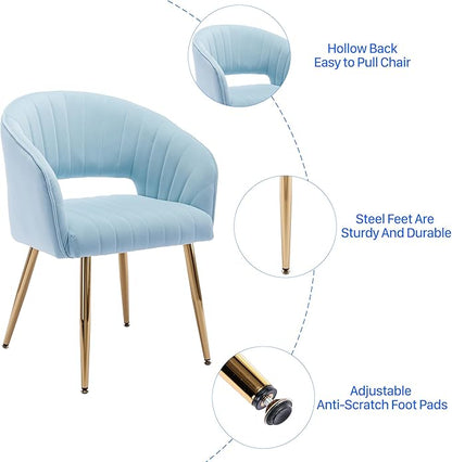 KCC Modern Accent Dining Chairs Set of 4, Upholstered Velvet Dining Room Chairs with Hollow Back, Tufted Kitchen Chairs Side Chairs with Gold Metal Legs for Living Room Restaurant, Baby Blue