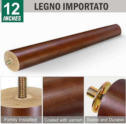 FoDau770 Brown Rubber Wood Furniture Legs 12 Inches, Slant Tapered Wood Feet Mid Century Sofa Legs Set of 4, 5/16" UNC Furniture Feet Replacement Parts for Cabinet Couch Dresser Chair Ottoman Table
