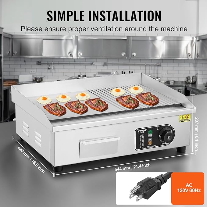 VEVOR Commercial Electric Griddle, 1600W Countertop Half-Flat Top Grill