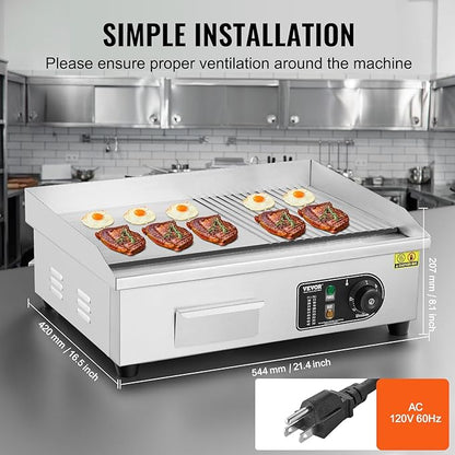 VEVOR Commercial Electric Griddle, 1600W Countertop Half-Flat Top Grill