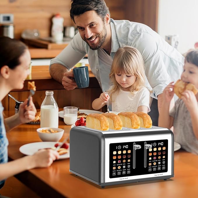 4 Slice Toaster Touch Screen, Stainless Steel Toasters Digital Timer, Dual