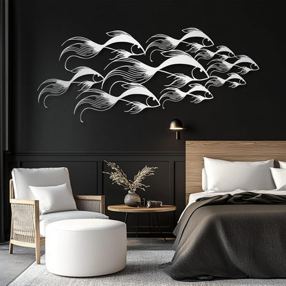 School of Fish Metal Wall Art, Metal Fish Wall Decor, Sea Life Wall Art, Large Nautical Wall Hanging, Modern Beach House Wall Decor, Ocean Themed Artwork for Bathroom (Silver, 59"x25" | 150x64cm)