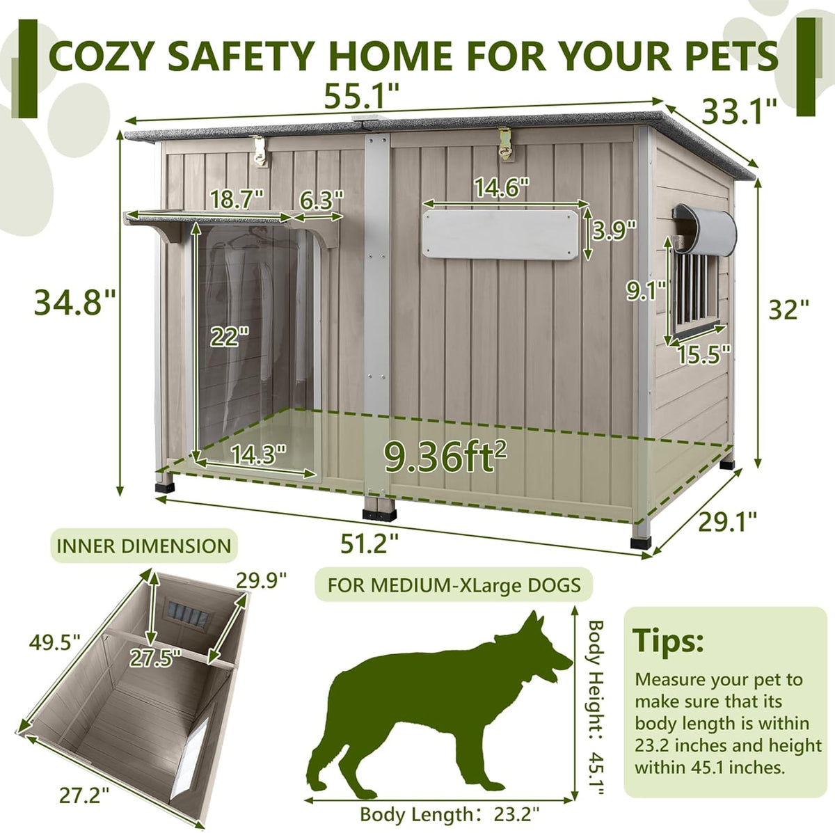 Large Dog House Outdoor XL Wooden Dog House with Weatherproof Asphalt Roof, Chew-Resistant Frame, Removable Floor, for Medium to Large Dogs Indoor Outdoor Use (Grey, 55.1"L x 33.1"W x 34.8"H)