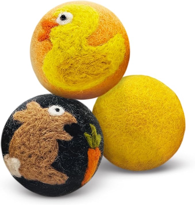 Hustle & Blush Wool Felt Balls - 3 Pack Love Ewe Pet Supplies – 2in Colorful & Durable Cat Toys Handmade from New Zealand, Ideal for Indoor Play and Mental Stimulation – Duck & Bunny Design