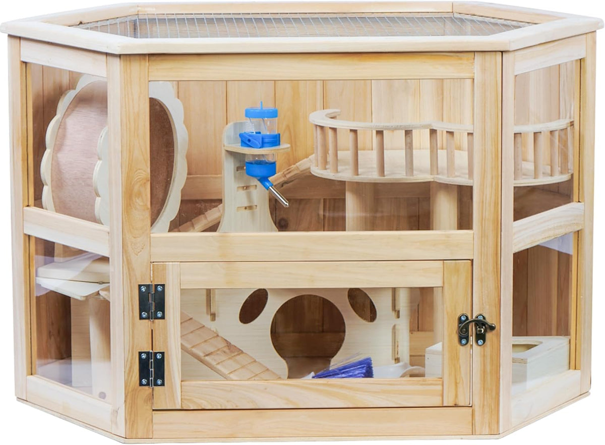 Wooden Hamster Cage 3 Tier Small Animal Cage,Large Syrian Hamster House with Openable Top and Acrylic Sheets 11-Piece Set (30" L x 20" W x 20" H)
