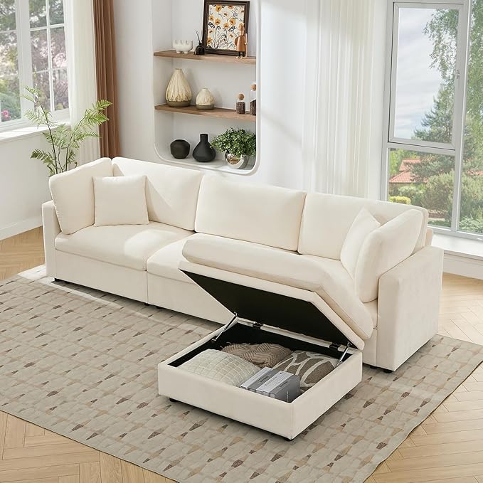 Tbfit Modern Sectional Sofa with Storage, Comfy Cloud Sectional Couch with Down-Filled Cushions, Sofa for Home, Living Room, Beige
