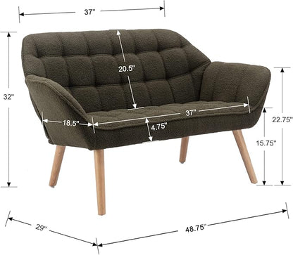 QUINJAY 48" Small Loveseat Sofa, Modern Sherpa Mini Sofa Couch 2-Seater Fluffy Love Seat with Quilting Backs and Wood Legs for Living Room, Bedroom and Small Space, Green