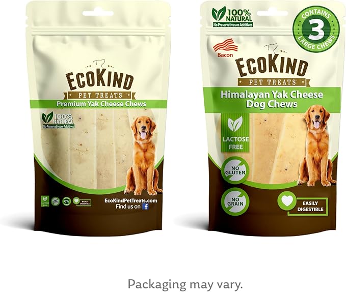 EcoKind Premium Gold Yak Cheese Himalayan Dog Chews, Dog Treats Large Breed, All Natural, High Protein Dog Chew, Bacon, Large - 3 Chews