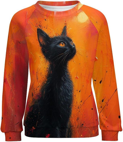 Long Sleeve Shirts for Women Cat Oil Painting Shirt 3D Graphic Sweatshirts Fall Pullover Crewneck Vintage Boho Tops