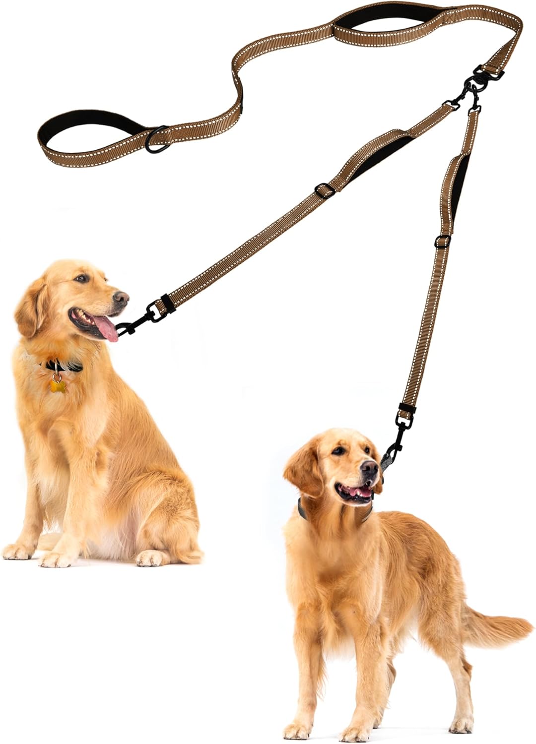 PetBonus Double Dog Leash, No Tangle Dual Leash, Reflective Walking Training Lead, 4 Comfortable Padded Handles for 2 Dogs with Collapsible Bowl and Waste Bags (Brown, Large)