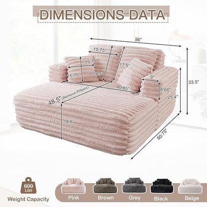 56"W Oversized Chaise Lounge Chair Indoor,Plush Faux Fur Sleeper Sofa Couch Bed with Pillows&Wide Armrest,Fluffy Comfy Cloud Sofa,Compression Foam Boneless Couch for Living Room,Bedroom(Pink)