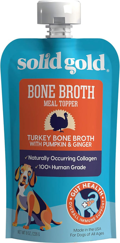Solid Gold Turkey Bone Broth for Dogs - Limited Ingredient Bone Broth Dog Food Toppers for Picky Eaters with Collagen & Superfoods - Dog Gravy Topper for Dry Food - Gut Health & Hydration - 12 Pack