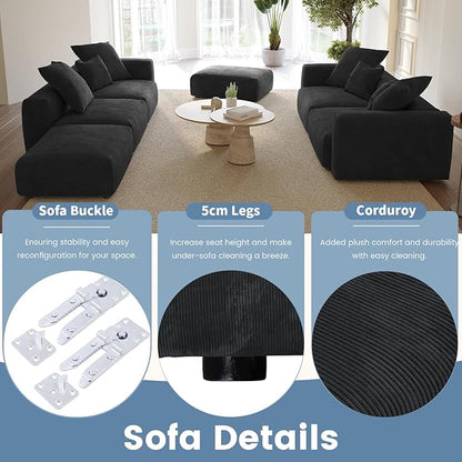 Sectional Couches for Living Room,102inch Cloud Couch Modular Sectional Sofa,Modern Corduroy Couch Love Seat,Cushion Covers Removable& Washable (Black)