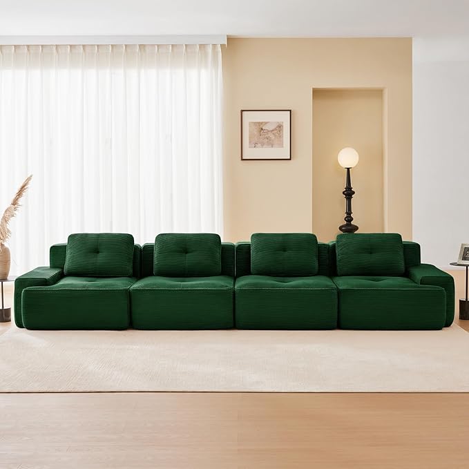 150" Modern Corduroy Cloud Sofa, Boneless Modular Large Sectional Couches for Living Room, Green 4 Seater Compressed Memory Foam Couch, Extra Deep Seat, No Assembly