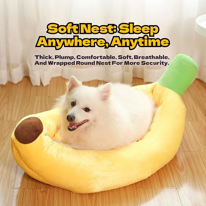 Banana Pet Bed for Small Dogs and Cats, Cozy Enclosed Calming Cave Bed with Removable Plush Cushion for Indoor Kittens Puppies Small Pets (Banana Bed + Bone Toy, Small)