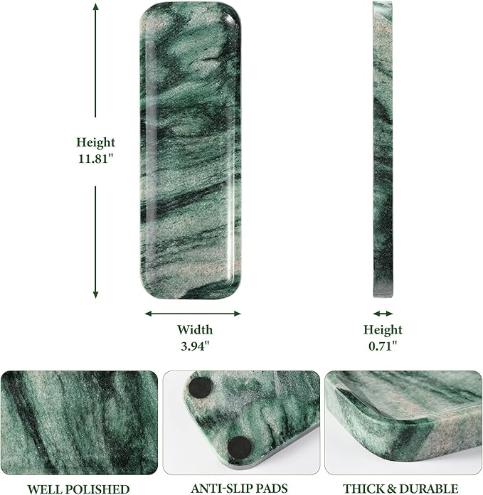 Koville Marble Tray for Bathroom Sink, 12"x4" Natural Stone Vanity Tray for Kitchen Dresser Countertop, Rectangular Decorative Marble Tray for Jewelry Perfume Trinket(Green)
